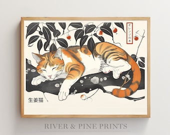 Gato atigrado pelirrojo en un naranjo, arte mural de estilo japonés, impresión de gatito atigrado kawaii, adorable cuadro de gato a rayas grande, regalo para dueños de gatos / 004