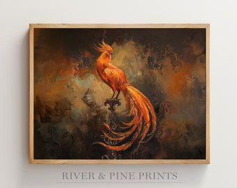 Phoenix Wall Art, Magical Creature Print, Phoenix Bird Artwork, Cottagecore Vintage Painting, Moody Movie Poster, Dark Academia Gift |048