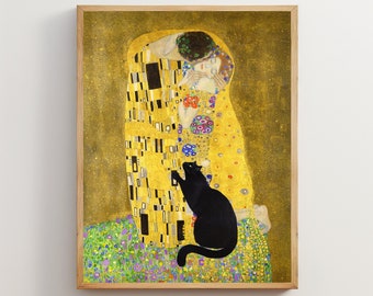 Black Cat Artwork, Gustav Klimt The Kiss Poster, Black Cat Painting, Funny Cat Illustration, Funny Cat Poster Gift, Home Decor | 060