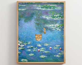 Cat Print Monet Waterlilies, Orange Cat Poster, Claude Monet Ginger Cat Art, Floral Painting, Funny Cat Lovers Wall Art, Decor Gift| 086