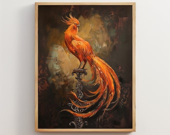 Phoenix Bird Wall Art, Magical Creature Print, Phoenix Artwork, Cottagecore Vintage Painting, Moody Movie Poster, Dark Academia Gift |033