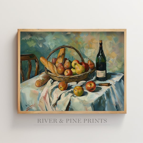 Fruit Wine & Bread Still Life Wall Art, Paul Cezanne Home Decor, Vintage Oil Painting, Impressionist Famous Art, French Country Print Gift