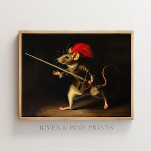 Mouse com impressão de espada, pôster de Reepicheep, arte de parede de animais de Nárnia, pintura de academia escura, presente de decoração de casa renascentista, arte barroca |