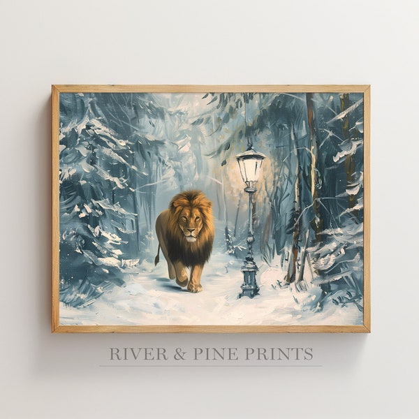 Lion and Lamppost Art Print, Forest Landscape Artwork, Lion Witch Wardrobe Narnia Painting, Vintage Poster, Fantasy Storybook Gift | 044