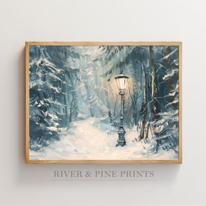 Impresión vintage de farola nevada, bosque fantástico, arte mural de Narnia, pintura inglesa antigua, paisaje nevado, farola decorativa para el hogar, regalo / 037