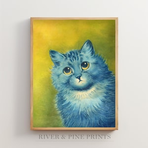 Louis Wain Blue Cat Wall Art, Psychedelic Home Decor, Classic Artwork, Funny Cat Painting, Vintage Artwork Gift, Long Hair Cat Poster | 019
