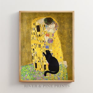 黒猫のアートワーク、グスタフ・クリムトの接吻のポスター、黒猫の絵画、面白い猫のイラスト、面白い猫のポスターギフト、室内装飾 | 060