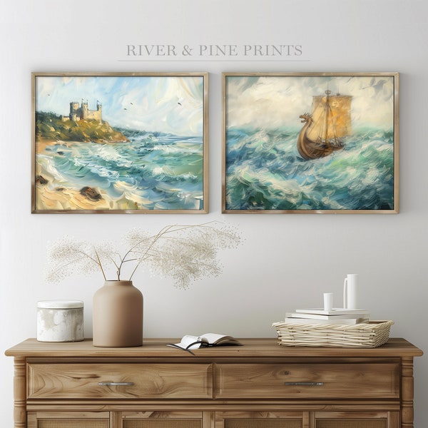 Sailing Ship and Castle Matching Prints, Dragon Figurehead Art, Voyage of the Dawn Treader Narnia Boat, Castle Painting, Coastal Gift | 036