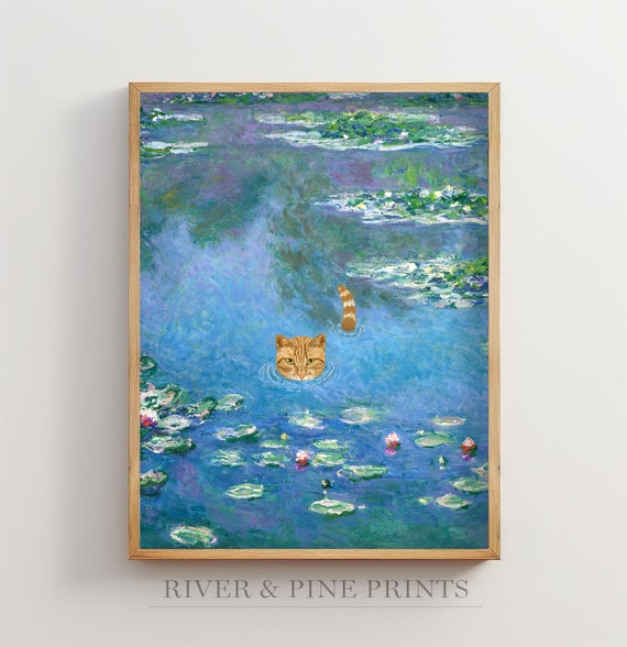 Monet Waterlilies Cat Print, Orange Cat Poster, Claude Monet Ginger Cat Art, Floral Painting, Funny Cat Art Gift, Impressionism Decor | 091