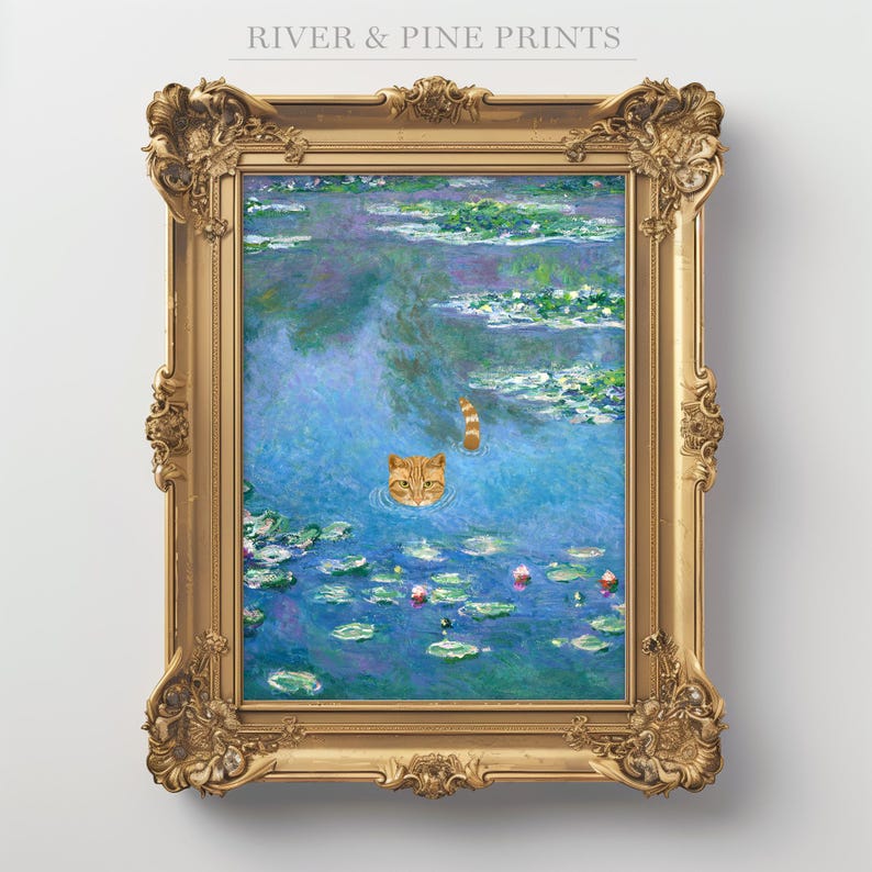 May include: A framed print of a painting showing a cat swimming in a pond with water lilies. The cat is orange and white and has its head above the water. The pond is blue and green and the water lilies are white and pink.