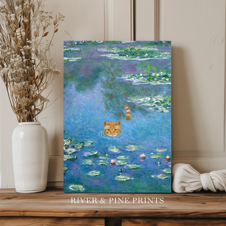 May include: A painting of a cat swimming in a pond with water lilies. The cat is orange and white and is looking at the viewer. The pond is blue and green and the water lilies are pink and green.