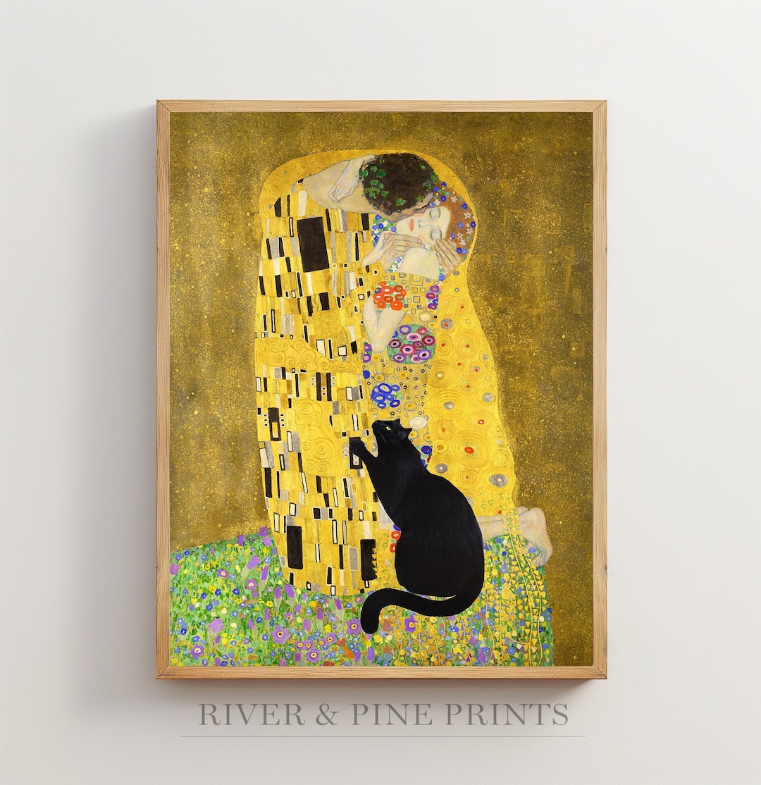 Black Cat Artwork, Gustav Klimt the Kiss Poster, Black Cat Painting ...
