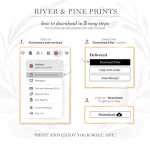 May include: A step-by-step guide on how to download digital files from Etsy. The image shows a screenshot of the Etsy website with instructions on how to click on "Purchases and reviews", then "Download Files" to access the purchased digital files.