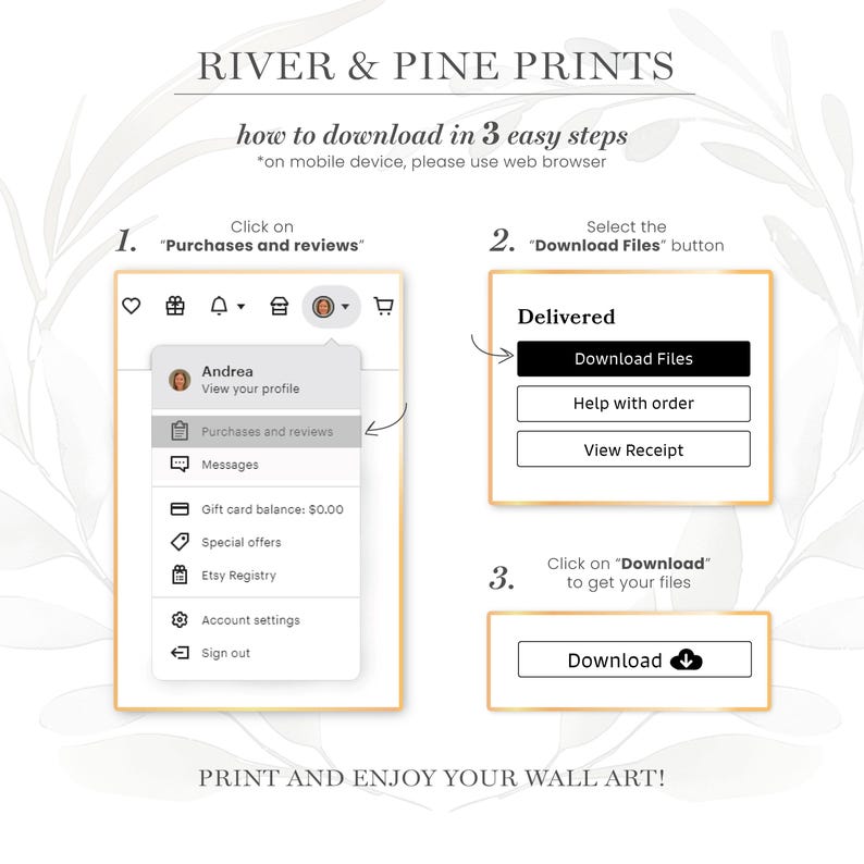 May include: A step-by-step guide on how to download digital files from Etsy. The image shows a screenshot of the Etsy website with instructions on how to click on "Purchases and reviews", then "Download Files" to access the purchased digital files.