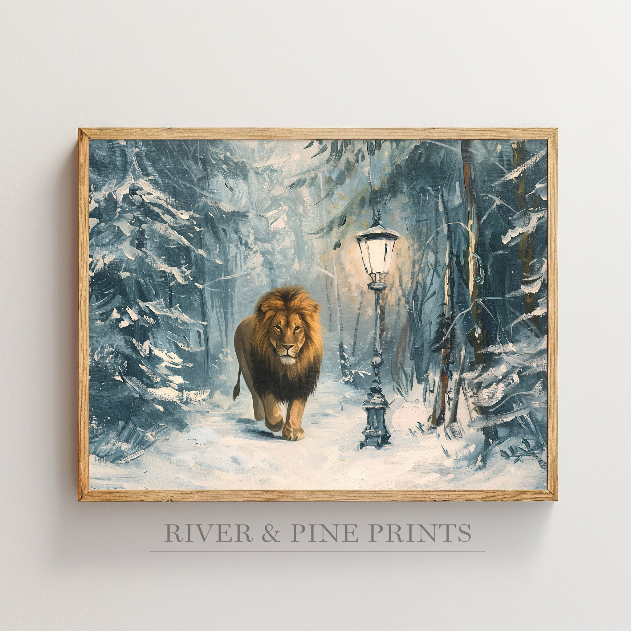 Lion and Lamppost Art Print, Forest Landscape Artwork, Lion Witch