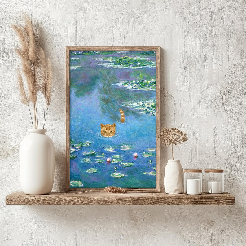 May include: A painting of a cat swimming in a pond with lily pads. The cat is orange and white and has its head above the water. The pond is blue and green and the lily pads are green.