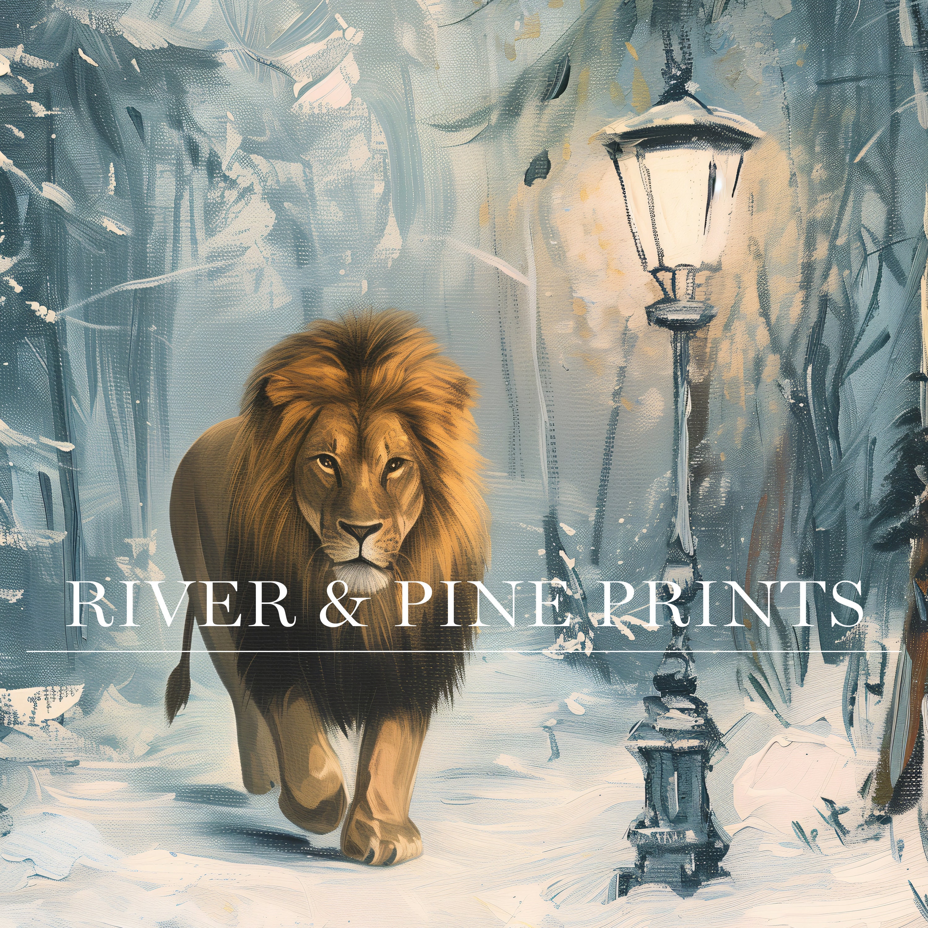 Lion and Lamppost Art Print, Forest Landscape Artwork, Lion Witch