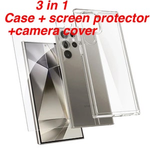 May include: A 3 in 1 phone case, screen protector, and camera cover set for a Samsung Galaxy phone. The case is clear and the screen protector is made of tempered glass. The camera cover is a clear plastic cover that protects the camera lenses.
