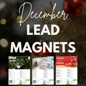 May include: A festive image with the text "December LEAD MAGNETS." Three promotional flyers are displayed, one with a Christmas tree, one with a cup of coffee, and one with wrapped gifts. Each flyer includes space for a logo and contact information.
