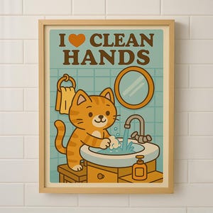 Cute Doodle Cat Bathroom Poster – Digital Download, Colorful Cat Wall Art, Whimsical Bathroom Decor, Printable Cat Poster