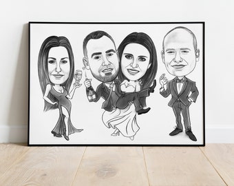 Individuelle Karikatur,  4 Personen, Handgezeichnet vom Bild, Perfekt geeignet als Geschenk zum Geburtstag, Jahrestag oder für zwischendurch