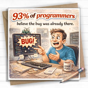 May include: A funny greeting card with a cartoon illustration of a programmer. The card shows a programmer pointing at a computer screen with a "BUG!" graphic. Text reads "93% of programmers believe the bug was already there." A mug says "CODE FUEL."