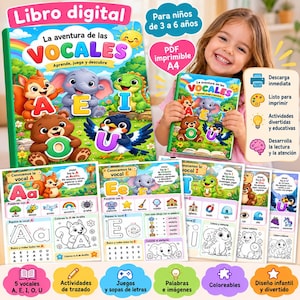 Op de afbeelding: Een digitaal boek getiteld La aventura de las VOCALES met kleurrijke tekenfilmfiguren zoals een eekhoorn, olifant, hagedis, beer en vogel. De pagina's bevatten educatieve activiteiten, oefeningen voor het overtrekken van letters en kleurplaten.