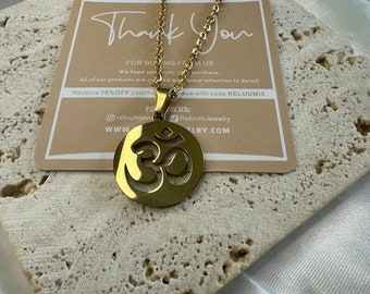 Tamil OM Emblem Pendant Necklace • Small Yoga Charm Necklace • Hindu Buddhist Jewelry • 18K Gold Plated • Gift For Him Her Birthday