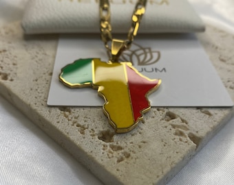 Africa Map Outline Pendant Necklace • Mali Flag Charm Necklace • African Culture Jewelry • 18K Gold Plated • Gift For Him Her Birthday