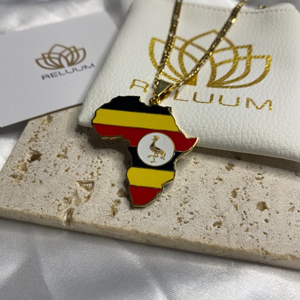 Africa Map Outline Pendant Necklace • Uganda Flag Charm Necklace • African Culture Jewelry • 18K Gold Plated • Gift For Him Her