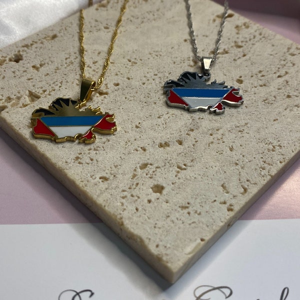 Antigua Map Outline Pendant Necklace • Antigua Flag Charm Necklace • Antiguan Culture Jewelry • 18K Gold Plated • Gift For Him Her Birthday