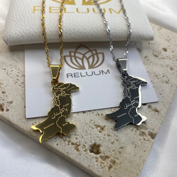 Pakistan Map Outline Pendant Necklace • Pakistan Map With City Names Urdu • Pakistani Culture Jewelry • 18K Gold Plated • Gift For Him Her