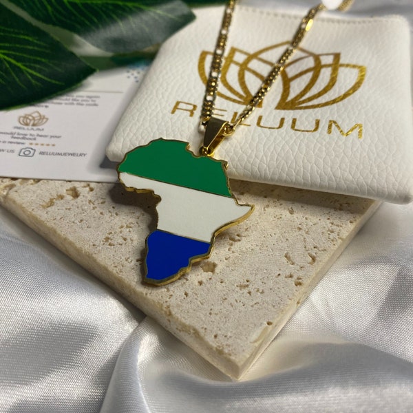 Africa Map Outline Pendant Necklace • Sierra Leone Flag Charm Necklace • African Culture Jewelry • 18K Gold Plated • Gift For Him Her
