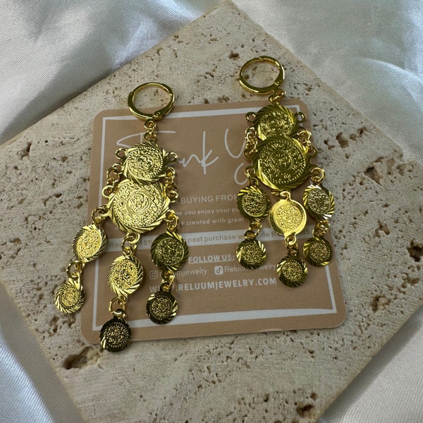 Coin Style Hanging Gold Earrings • Arab Coin Style Earrings • 18K Gold Plated • Money Coin Earrings • Gift For Her Mom Birthday