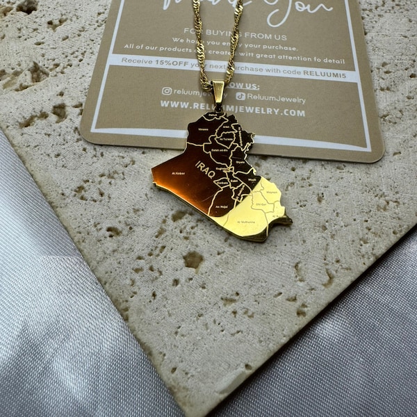 Iraq Map Outline Pendant Necklace • Iraq Map With City Names Charm Necklace • Iraqi Culture Jewelry • 18K Gold Plated • Gift For Him Her