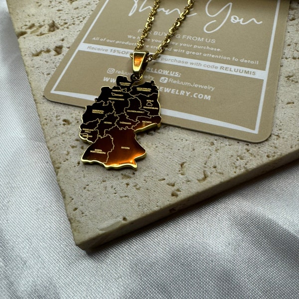 Germany Map Outline Pendant Necklace • Germany Map With City Names Charm Necklace • German Culture Jewelry • 18K Gold Plated • Gift Him Her