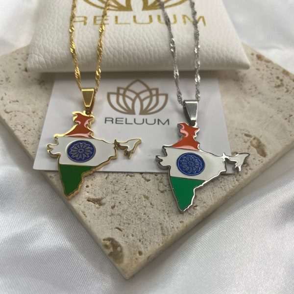 India Map Outline Pendant Necklace • India Flag Charm Necklace • Indian Culture Jewelry • 18K Gold Plated • Gift For Him Her Birthday