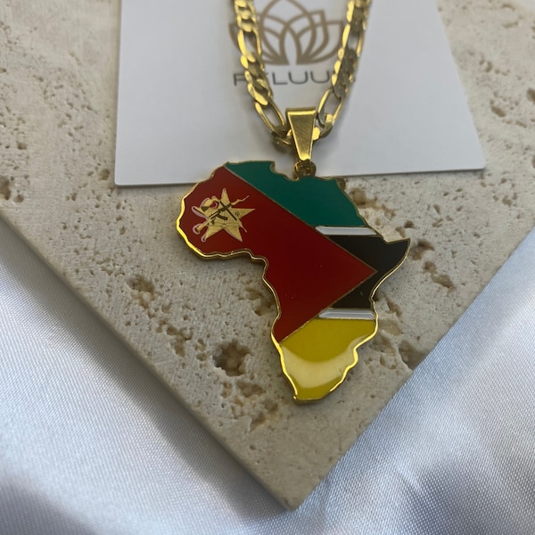 Africa Map Outline Pendant Necklace • Mozambique Flag Charm Necklace • African Culture Jewelry • 18K Gold Plated • Gift For Him Her Birthday