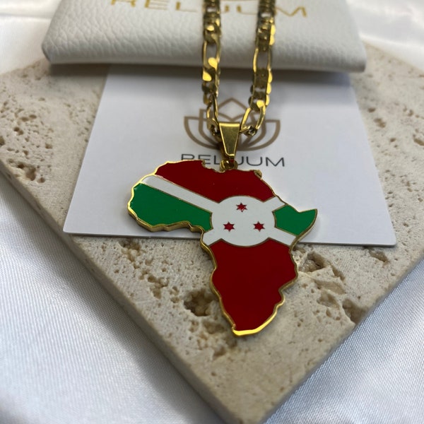 Africa Map Outline Pendant Necklace • Burundi Flag Charm Necklace • African Culture Jewelry • 18K Gold Plated • Gift For Him Her