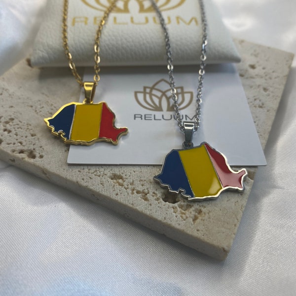 Romania Map Outline Charm Necklace • Romania Flag Pendant Necklace • Romanian Culture Jewelry • 18K Gold Plated • Gift For Him Her Birthday