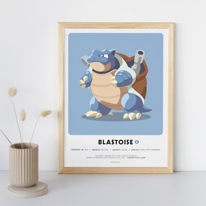 May include: A blue and brown cartoon illustration of Blastoise, a Pokemon character. The text reads "BLASTOISE O POKEDEX #: 009 WEIGHT: 85.5 KG HEIGHT: 160CM SPECIES: SHELLFISH POKEMON THE POKET CANNONS ON ITS SHELL FIRE JETS OF WATER CAPABLE OF PUNCHING ROCKS THROUGH STEEL. POKEDEX ENTRY SIGN"