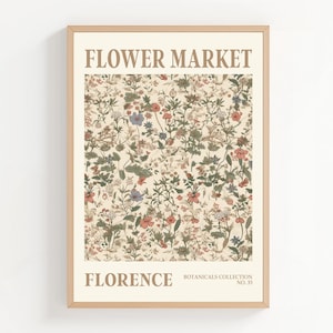 Puede incluir: Un estampado botánico enmarcado con un fondo beige y un patrón floral en tonos rojos, verdes y azules. Las palabras "FLOWER MARKET" y "FLORENCE" están impresas en una fuente serif. Parte de la "Botanicals Collection No. 33".