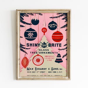 Pink Shiny Brite Digital Print, Pink Christmas Home Decor, Vintage Christmas