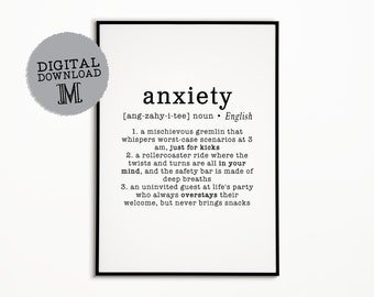 Anxiety Definition Poster, Anxiety Wall Art, Words to Live By, Inspirational Poster, Motivational Office Decor,  DIGITAL DOWNLOAD