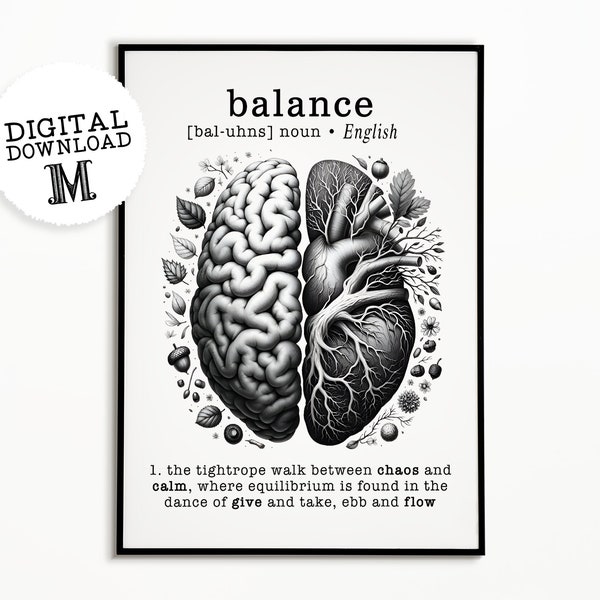 Balance Definition Illustration Poster, Heart & Mind Art Print, Equilibrium Wall Decor, Mindfulness and Harmony Art, DIGITAL DOWNLOAD