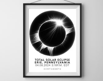 Erie Pennsylvania Total Solar Eclipse Design Poster Map 2024 American Totality Art Print Digital Download Free Design Gift Included