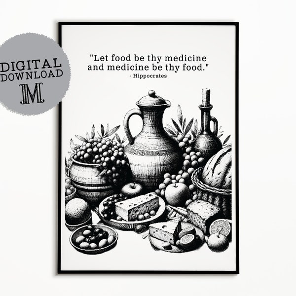 Hippocrates Quote Print, Food Be Thy Medicine, Typography Art, Nutritional Wellness Wall Decor, Health Motivation Poster, DIGITAL DOWNLOAD