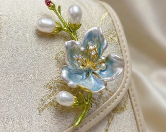 Handmade Pearl Flower Brooch:White Enamel Floral Lapel Pin