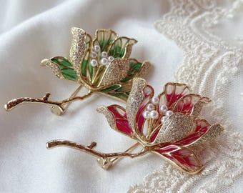 Vintage Enamel Flower Brooch-Elegant Magnolia Floral Pin with Pearls