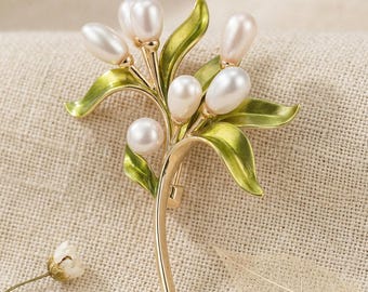 Handmade Olive Branch Pearl Brooch, Enamel Pin, Vintage Style Jewelry